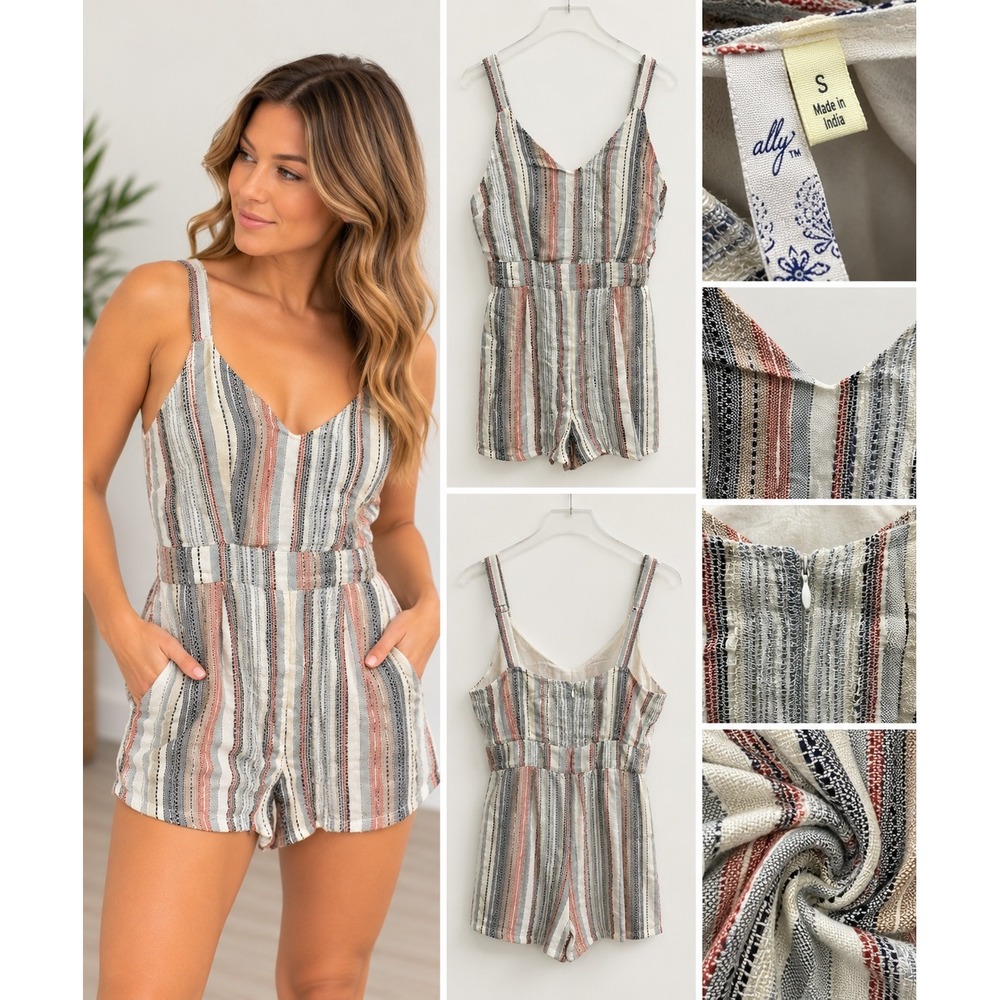 Ally Womens Multi Color Striped V-Neck Sleeveless Pocket Romper Size Small